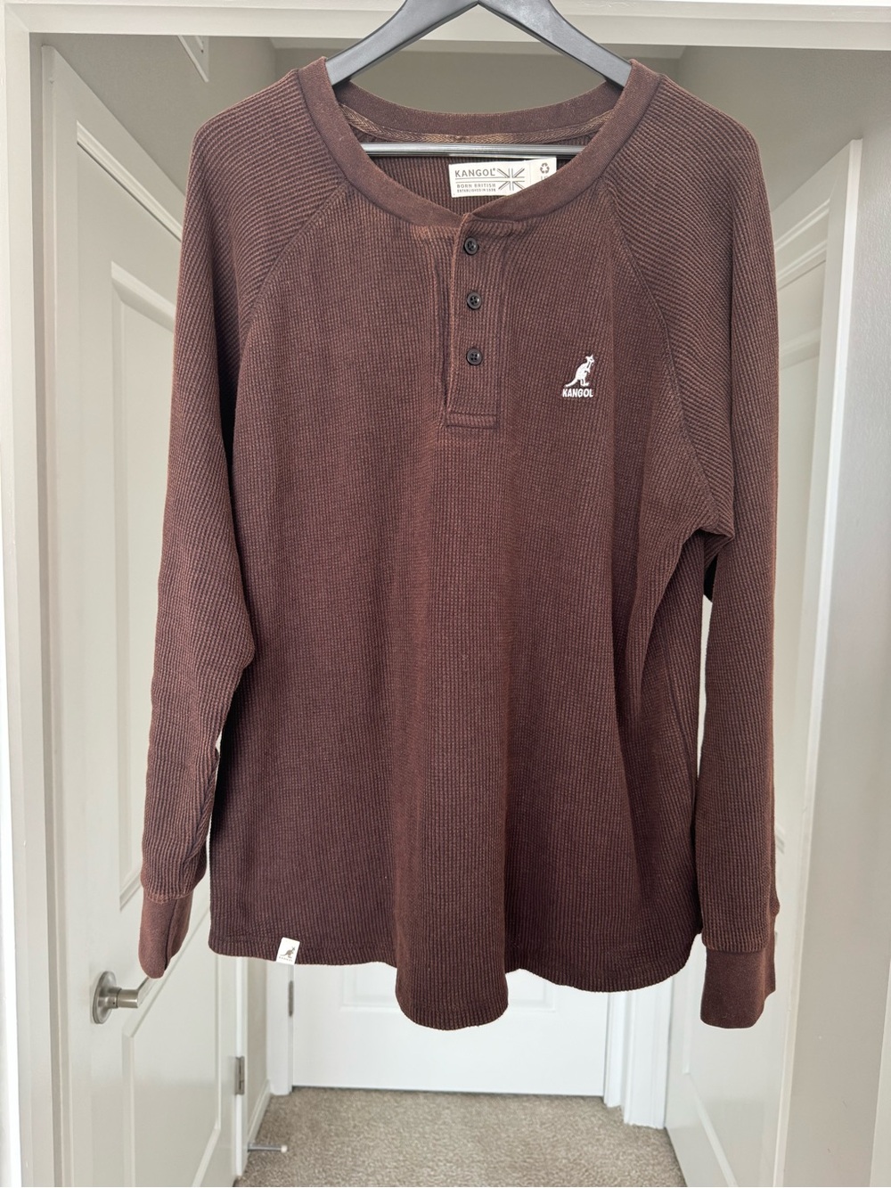 Kangol Chocolate Brown Long Sleeve Waffle Henley- Size Large